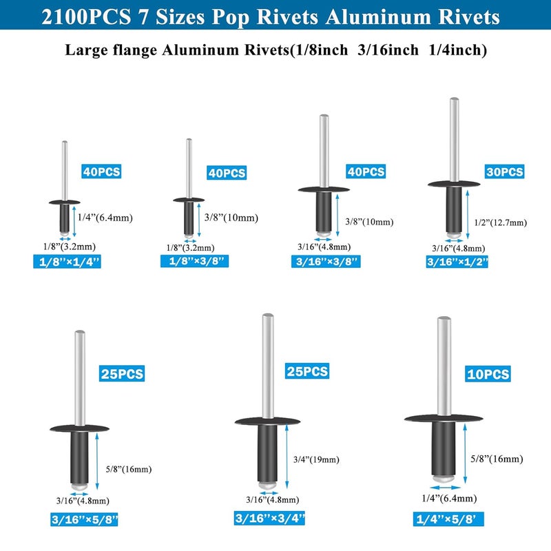 Sunxeke 210PCS Black Pop Rivets Assortment Kit,Includes 7 Sizes Large Flange Aluminum Rivets (1/8 inch 3/16 inch 1/4 inch) for DIY, Automotive Repairs,and More.Assorted Blind Rivets with Case - Image 2